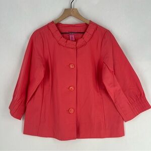 Du Jour Coral Pink Button Front Ruffle Trim Collarless Jacket 3/4 Sleeves NWOT M